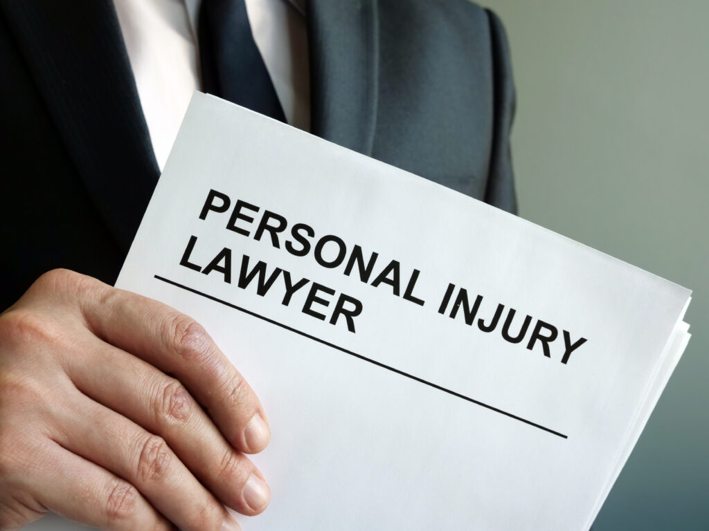 Professional attorney in suit holding folder labeled PERSONAL INJURY LAWYER representing premises liability claims in Sherman Oaks California